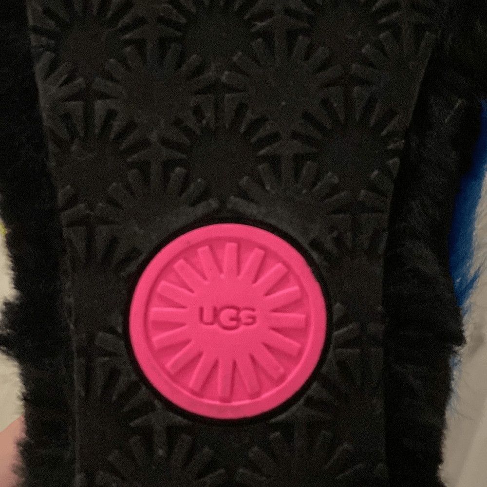 UGG Women's Black Slide Slippers with Hot Pink, Blue, Purple & Yellow Faux Fur - Picture 5 of 7